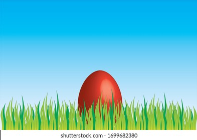 Easter Red 3D Meadow Egg on Fresh Green Grass. Blue sky background. Easter concept, Easter eggs. Religion