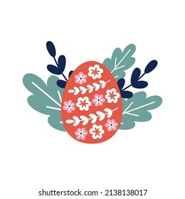 Easter red egg with flowers in leaves