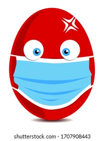 Easter red egg in a medical mask. smiley face. print sign