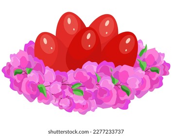 Huevos rojos de Pascua entre las buganvillas de fuchsias sobre fondo blanco. Ilustración vectorial de primavera.