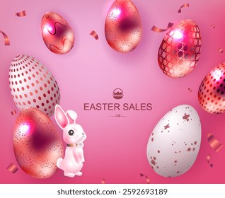 Easter red illustration with cute pink bunny and eggs