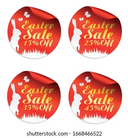 Easter red sale stickers set 15%, 25%, 35%, 45% off with rabbit. Vector illustration