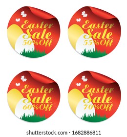 Easter red sale stickers set 50%, 55%, 60%, 70% off with eggs. Vector illustration