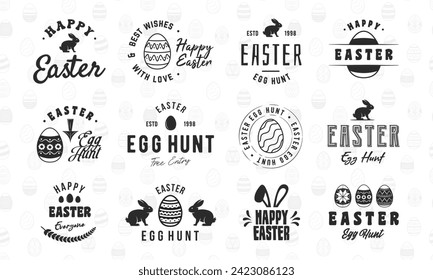 Easter related labels, emblems and logos. Easter logo set with bunny silhouette and eggs icons. Trendy vintage design. Easter background. Vector illustration