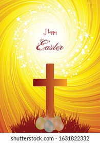 Easter Religious Abstract Yellow Swirl Background With Cross Easter Eggs Grass Silhouette And Happy Easter Decorative Text