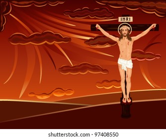 Easter religious card with crucifixion of Jesus on Golgotha hill. Over red dramatic sky. Vector illustration saved as EPS AI8, all elements layered, grouped, easy print and edit.
