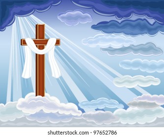 Easter religious card with the resurrection of hope and golden cross. Over blue sky. Vector file saved as EPS AI8, all elements layered, no effects, easy print and edit.