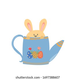 Easter religious holiday bunny with eggs. Rabbit and colored eggs with flowers. Vector.
