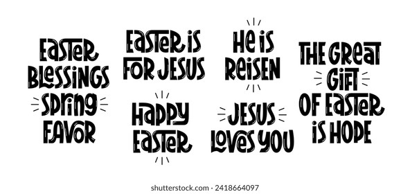 Easter Religious Quotes Vector Hand Lettering. Happy Easter Greeting, Jesus Loves You, He is Reisen, Easter is for Jesus Phrases. Religion Holiday Slogan.