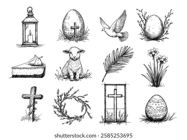 easter religious symbols set with lamb, cross and eggs vector doodle black sketch illustration