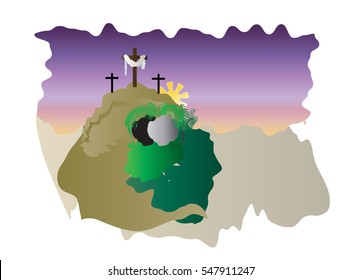 Easter resurrection christian religious holiday vector illustration with the Calvary hill, empty tomb on Easter morning