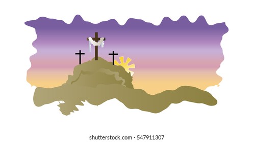 Easter resurrection christian religious holiday vector illustration with the Calvary hill, empty tomb on Easter morning