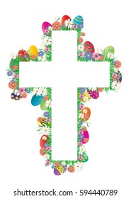 Easter resurrection cross with flowers and painted Easter eggs. 