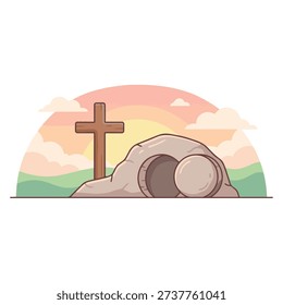 Easter resurrection illustration with empty tomb, cross, sunrise, and pastel landscape in flat cartoon style.