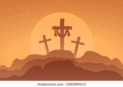 Easter and Resurrection illustration, Three crosses on a mountain with a sunset in the background, the central cross has a red cloth draped over it