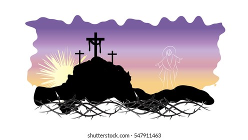Easter resurrection religious holiday christian illustration with the Calvary hill silhouette and three crosses on Easter morning, with an empty tomb.