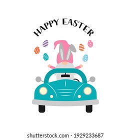 Easter retro car with cute gnome. Easter celebration typography poster. Spring holidays vector illustration. Easy to edit template for party invitation, greeting card, banner.