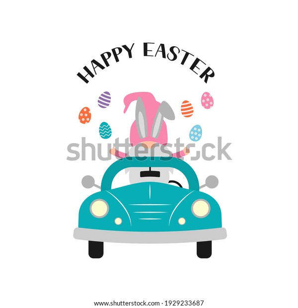 Easter retro car\
with cute gnome. Easter celebration typography poster. Spring\
holidays vector illustration. Easy to edit template for party\
invitation, greeting card,\
banner.