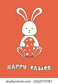 Easter retro groovy card, banner or poster with cute bunny.