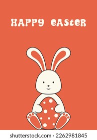 Easter retro groovy card, banner or poster with cute bunny.