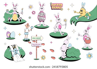 Juego de groovías de Pascua. Conejo de Pascua y personajes de huevo de Pascua al estilo de los 70 de la caricatura hippie de moda. Conjunto de ilustraciones dibujadas a mano con vector plano.