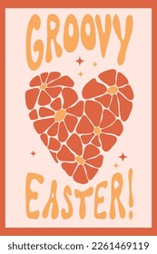 Easter retro nostalgic poster. Flower Heart from daisy flowers Power. Vector Illustration retro groovy pattern with hand drawn chamomile flowers. Aesthetic modern art. Hippie 60s, 70s, 80s style
