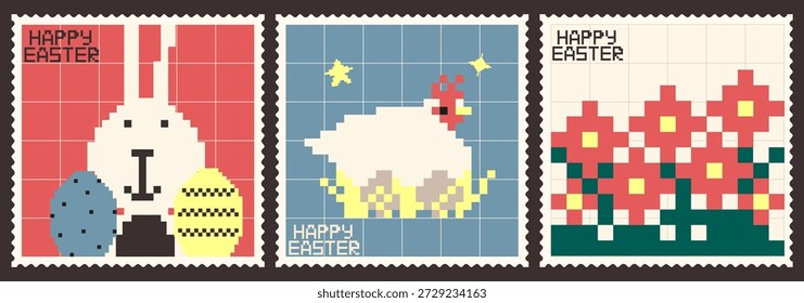 Oster Retro Pixel Kunst Briefmarken Sammlung mit Hasen und Huhn und Blumen. 8-Bit Federdesign für Feiertage.