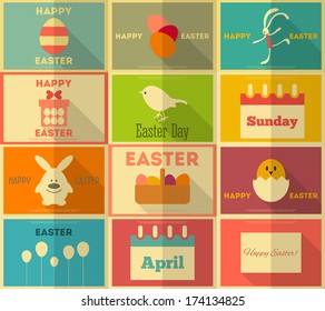 Easter Retro Posters Collection in Flat Design Style. Vector Illustration. Spring Theme.