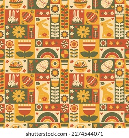 Easter retro seamless pattern. Repeatable abstract nostalgia pattern tile design with bunny, egg, basket and flowers. Vector illustration. Minimalism geometric holiday background.