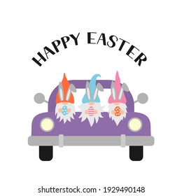 Easter retro truck with cute gnomes. Easter celebration typography poster. Spring holidays vector illustration. Easy to edit template for party invitation, greeting card, banner.