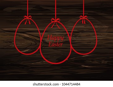 Easter ribbon egg. Red bow. Greeting card or invitation for a holiday. Empty place for text or advertising. Vector on wooden background.