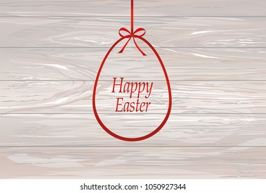 Easter ribbon egg. Red bow. Greeting card or invitation for a holiday. Empty place for text or advertising. Vector on wooden background.