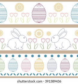 Easter ribbons set embroidery with spring rabbits, eggs and tulips