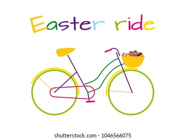 Easter ride colorful bike with Easter eggs in basket and text on the top