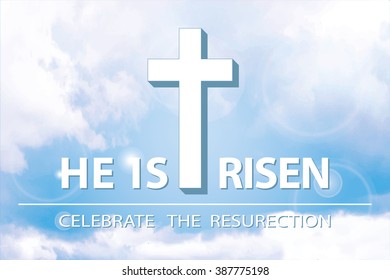  Easter.He is risen.Easter background.Blue sky.Vector illustration,wallpaper. Blue sky with clouds, divine sunlight ,crucifixion,cross. Religious design template, a symbol of faith.Horizontal