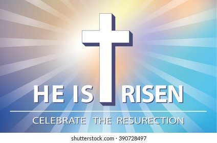  Easter.He is risen.Easter blurred background.Vector illustration,wallpaper. Blue ,orange suset sky  divine sunlight ,crucifixion,cross. Religious design template, a symbol of faith.Horizontal