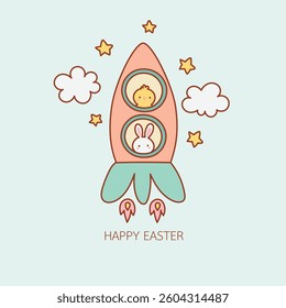 Easter rocket with bunny and chick pastel kawaii nursery clipart doodle hand drawn outline art
