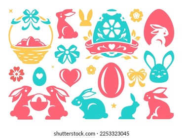 Easter romantic icon bunny eggs basket flower and bow set minimalist vector flat illustration. Religious spring holiday rabbit with heart star ribbon decor element for greeting festive celebration