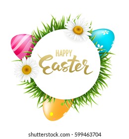 Easter round banner background template with beautiful colorful spring flowers, eggs and handdrawn Lettering.