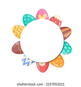 Easter Round Frame decorated with colorful Eggs. Cute Cartoon Easter Holiday Border.