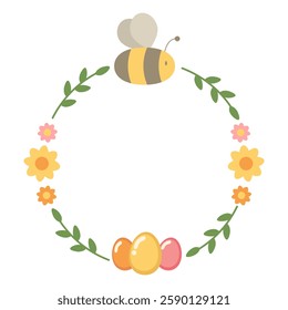 Easter round frame design for decoration with beautiful eggs, bee,  plants and flowers
