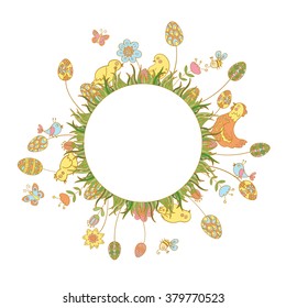 Easter round frame with grass, flowers, chickens, butterflies, bees, Easter eggs. Holiday decor in pastel colors. Easter vector illustration on white background. 
