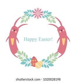 Easter round frame: rabbit, flowers, plants, eggs. Happy Easter! 
Greeting card. Flat. Vector isolated illustration. 
