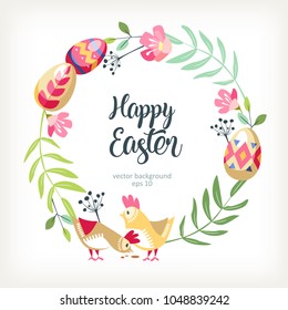Easter round wreath background with floral elements chickens and colored traditionsl easter eggs