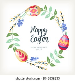 Easter round wreath background with willow branches and colored eggs 