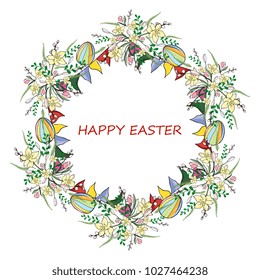 Easter round wreath, frame with pink tulips, narcissus, willow, colorful eggs and flags and phrase Happy Easter. Red and pink color. White background. Template for spring greeting cards