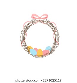 Easter round wreath of vine branches and eggs with a bow on top