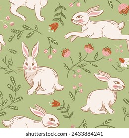 Easter running and sitting rabbits, seamless pattern. Vintage Blooming cherry, bearberry. Stylized retro illustration. Boho, rustic style. wallpaper, fabric, wrapping, background. Slavic folk flowers