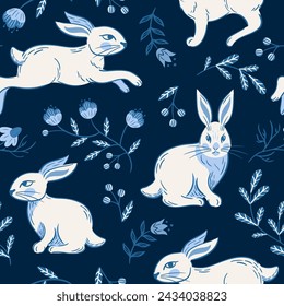 Easter running and sitting rabbits, seamless pattern. Vintage Blooming cherry, bearberry. Blue monochrome. Little garden. Boho, rustic style. wallpaper, wrapping, background. Slavic folk flowers