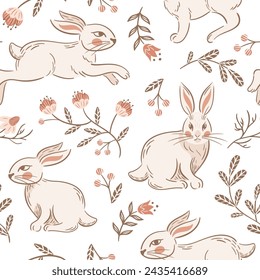 Easter running and sitting rabbits, seamless pattern. Vintage Blooming cherry, bearberry. Stylized retro illustration. Boho, rustic style. wallpaper, fabric, wrapping, background. Slavic folk flowers